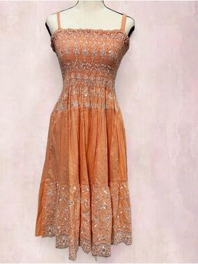 Advance Apparels Coral-Peach Embroidered Smocked Midi Dress